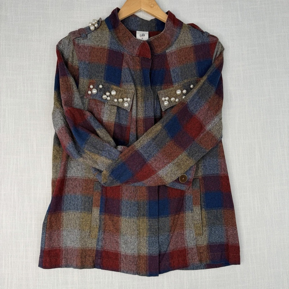 cabi Collage Jacket Plaid Pearl Embellished Zip Up Shacket Fall Size Medium